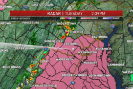 The National Weather Service issued a severe thunderstorm watch for most of the D.C. area until 9 p.m. Tuesday. (Courtesy NBC Washington)