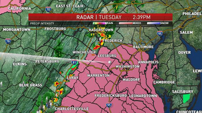 The National Weather Service issued a severe thunderstorm watch for most of the D.C. area until 9 p.m. Tuesday. (Courtesy NBC Washington)