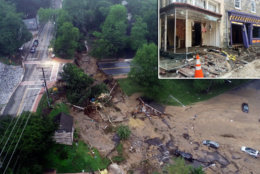 This image made from video provided by DroneBase shows damage by floodwaters near the intersection of Ellicott Mills Drive and Main Street in Ellicott City, Md., Monday, May 28, 2018. Howard County Executive Allan Kittleman said Monday morning that his priorities are finding a missing man and assessing the condition of buildings that house shops, restaurants and families. (DroneBase via AP)