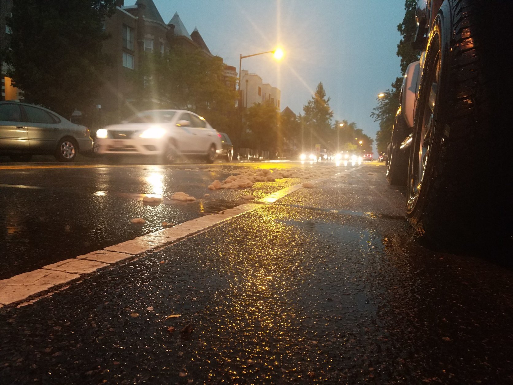 View of the wet pavement in Washington, D.C. during the Monday night storms. (WTOP/Will Vitka)