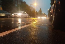View of the wet pavement in Washington, D.C. during the Monday night storms. (WTOP/Will Vitka)