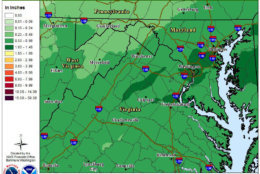 The National Weather Service said the chance for rain will increase Wednesday afternoon and Wednesday evening, though it should be as much as Tuesday. Heavy rain is possible east of the Blue Ridge. (Courtesy National Weather Service)