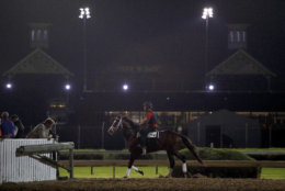A horse trains during a morning workout at Churchill Downs Thursday, May 3, 2018, in Louisville, Ky. The 144th running of the Kentucky Derby is scheduled for Saturday, May 5. (AP Photo/Charlie Riedel