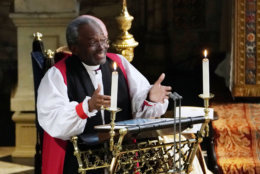 The Most Rev Bishop Michael Curry, primate of the Episcopal Church, speaks during the wedding ceremony of Prince Harry and Meghan Markle at St. George's Chapel in Windsor Castle in Windsor, near London, England, Saturday, May 19, 2018. (Owen Humphreys/pool photo via AP)