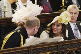 From left, Britain's Prince William, Kate Duchess of Cambridge and Prince Andrew during the wedding service of Prince Harry and Meghan Markle at St. George's Chapel in Windsor Castle in Windsor, near London, England, Saturday, May 19, 2018. (Jonathan Brady/pool photo via AP)