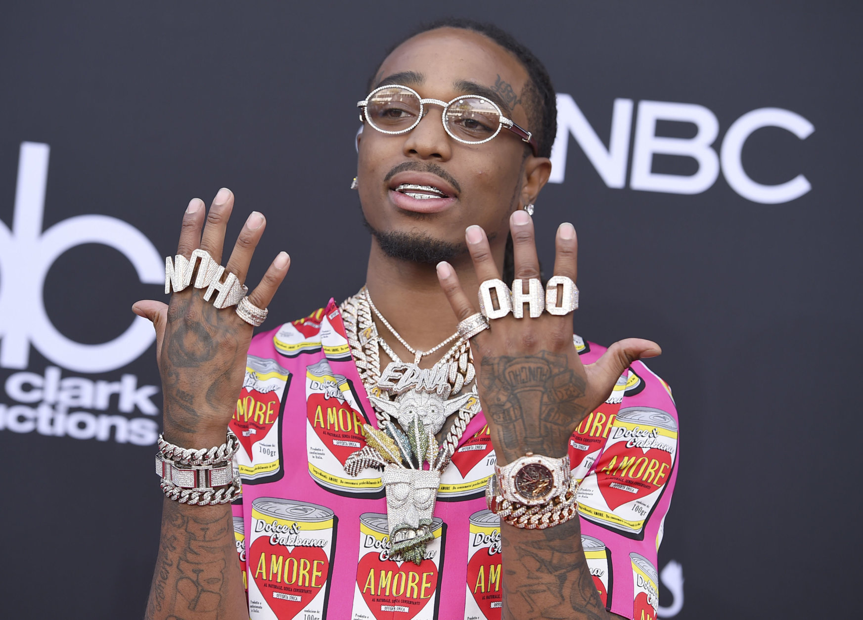 Quavo, of Migos, arrives at the Billboard Music Awards at the MGM Grand Garden Arena on Sunday, May 20, 2018, in Las Vegas. (Photo by Jordan Strauss/Invision/AP)
