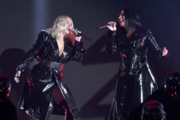 Christina Aguilera, left, and Demi Lovato perform "Fall In Line"at the Billboard Music Awards at the MGM Grand Garden Arena on Sunday, May 20, 2018, in Las Vegas. (Photo by Chris Pizzello/Invision/AP)