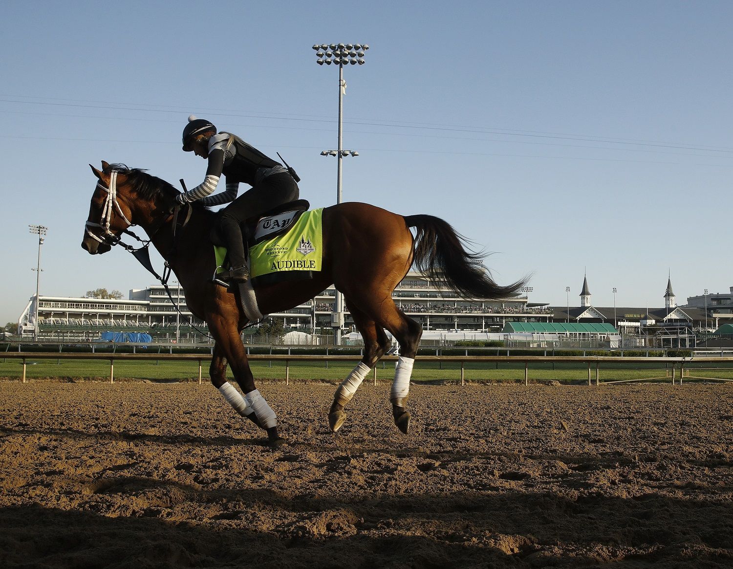 Kentucky Derby hopeful Audible runs during a morning workout at Churchill Downs Tuesday, May 1, 2018, in Louisville, Ky. The 144th running of the Kentucky Derby is scheduled for Saturday, May 5. (AP Photo/Charlie Riedel)