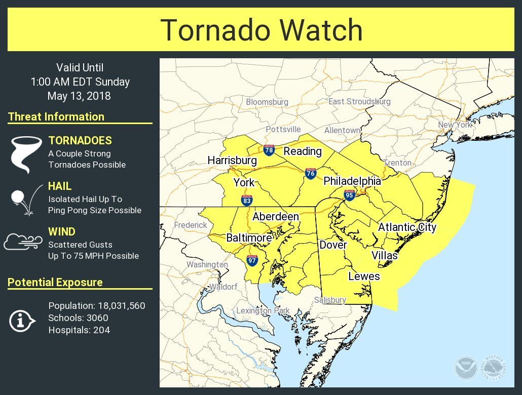 A tornado watch has been issued for parts of Maryland, Delaware, New Jersey and Pennsylvania until 1 a.m. Sunday, said the National Weather Service. (Courtesy National Weather Service)