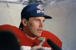 Dwight Clark, football player for the San Francisco 49ers died after a long battle with ALS on June 4, 2018. In this photo he is in the locker room at the Super Bowl XIX in Palo Alto, Calif., Jan. 20, 1985. File. (AP Photo)