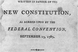 The Federalist: A Collection of Essays, Written in Favour of the New Constitution. 
Song: “Non-Stop” (“Hamilton wrote the other fifty-one!”)
After the Constitutional Convention ended in September 1787, Alexander Hamilton, James Madison and, to a lesser extent, John Jay, began writing a series of essays to promote and explain the Constitution to the public. The essays, collectively known as The Federalist, initially appeared in New York newspapers under the pen name Publius. (Courtesy Rare Book and Special Collections Division, Library of Congress)
