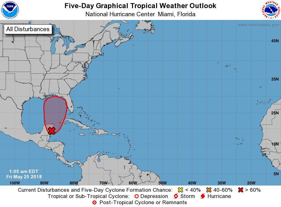 The National Hurricane Center said there is now a 90 percent chance of a subtropical or tropical cyclone forming in the central or eastern Gulf of Mexico on Memorial Day weekend, which could complicate travel plans. (Courtesy National Hurricane Center)