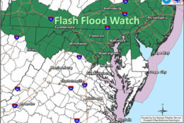 The National Weather Service has issued a Flash Flood Watch for the areas in green beginning at 3 p.m. and lasting until 1 a.m., Wednesday, May 16. The storms will also bring a slight risk of damaging wind gusts and hail. (Courtesy National Weather Service)