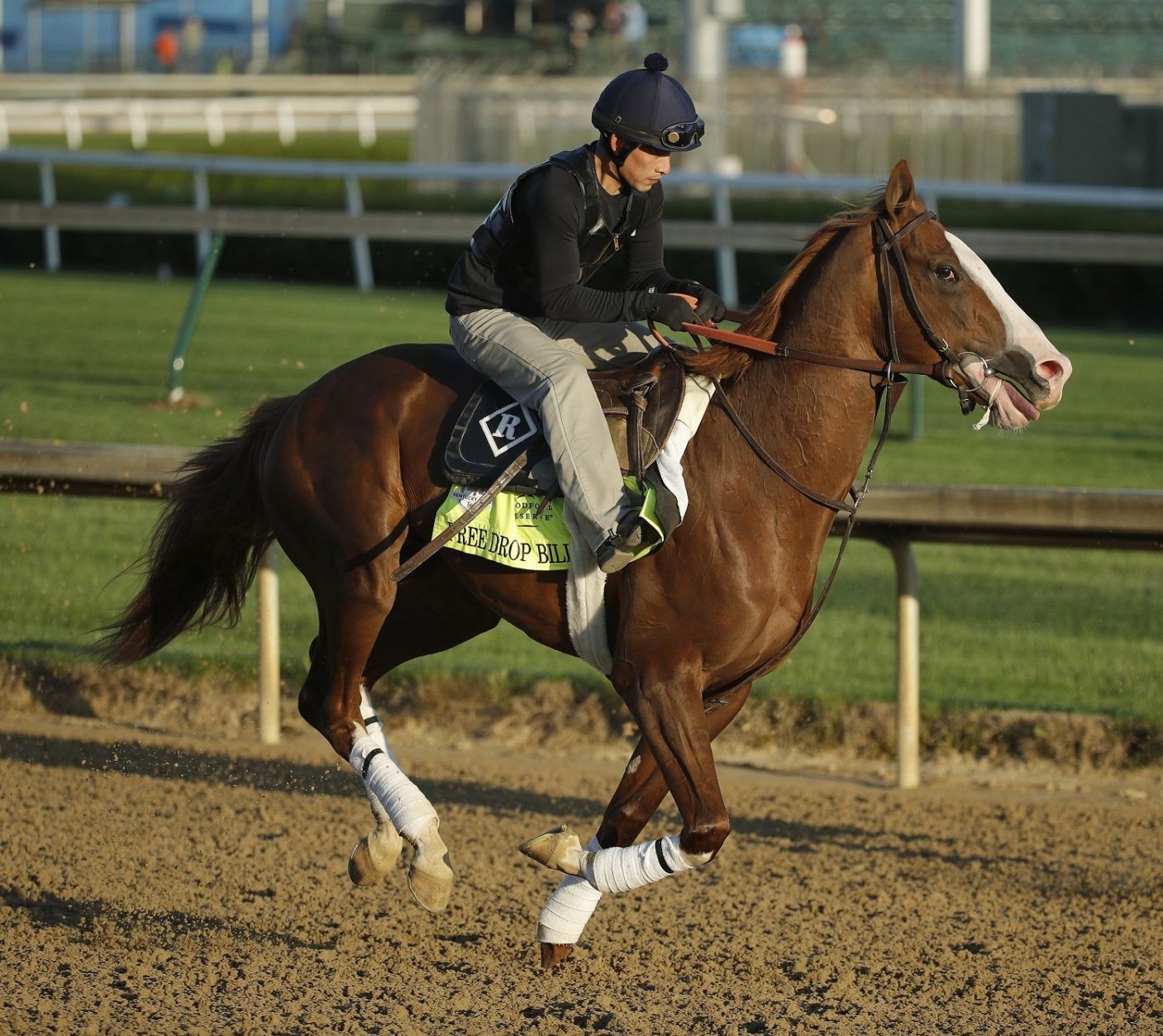 Kentucky Derby hopeful Free Drop Billy runs during a morning workout at Churchill Downs Tuesday, May 1, 2018, in Louisville, Ky. The 144th running of the Kentucky Derby is scheduled for Saturday, May 5. (AP Photo/Charlie Riedel)