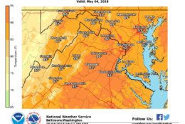 Friday marks the third straight day of temperatures at 90 degrees or above, making it officially a heatwave in the D.C. area. Temperatures will get back to the 70s by the weekend. (Courtesy National Weather Service)