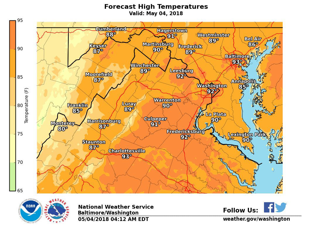 Friday marks the third straight day of temperatures at 90 degrees or above, making it officially a heatwave in the D.C. area. Temperatures will get back to the 70s by the weekend. (Courtesy National Weather Service)