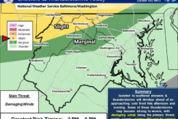 A cold front will cross into the D.C. area on Friday evening, but isolated to scattered showers and thunderstorms will develop ahead of the front. Some of these have the potential to become strong to severe across western Maryland and eastern West Virginia. (Courtesy National Weather Service)