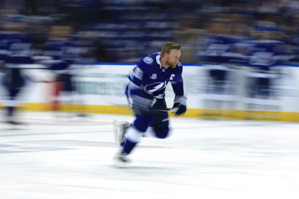 TAMPA, FL - MAY 23:  Steven Stamkos #91 of the Tampa Bay Lightning warms up prior to Game Seven of the Eastern Conference Finals against the Washington Capitals during the 2018 NHL Stanley Cup Playoffs at Amalie Arena on May 23, 2018 in Tampa, Florida.  (Photo by Mike Ehrmann/Getty Images)