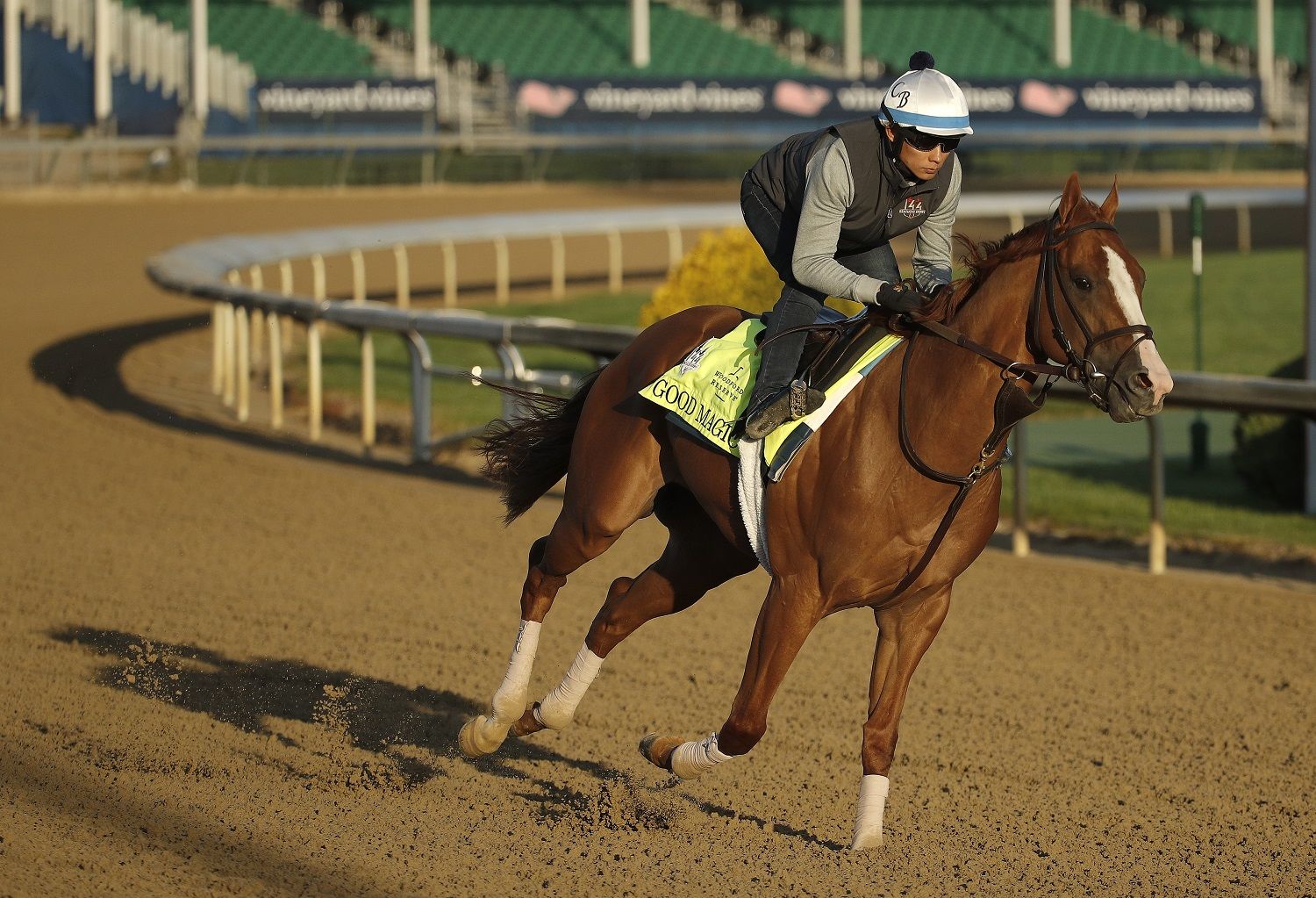 Kentucky Derby hopeful Good Magic runs during a morning workout at Churchill Downs Tuesday, May 1, 2018, in Louisville, Ky. The 144th running of the Kentucky Derby is scheduled for Saturday, May 5. (AP Photo/Charlie Riedel)