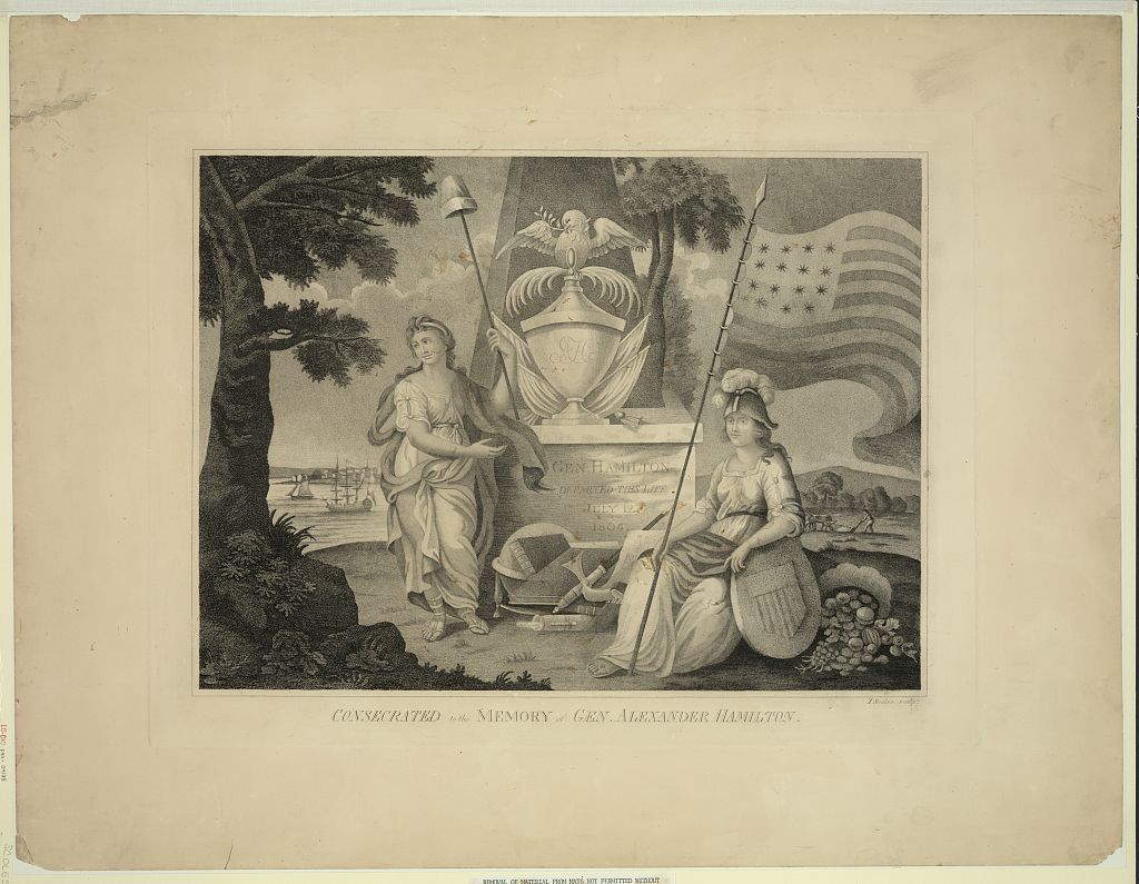 Related to the Duel: Consecrated to the Memory of Gen. Alexander Hamilton, undated.
Song: “Who Lives, Who Dies, Who Tells Your Story” (“Wil they tell your story in the end?”) 

The viewpoint of this image of Hamilton’s tomb is from the site of the fatal duel with Aaron Burr in Weehawken, New Jersey, across from New York City.

(Courtesy Prints and Photographs Division, Library of Congress)