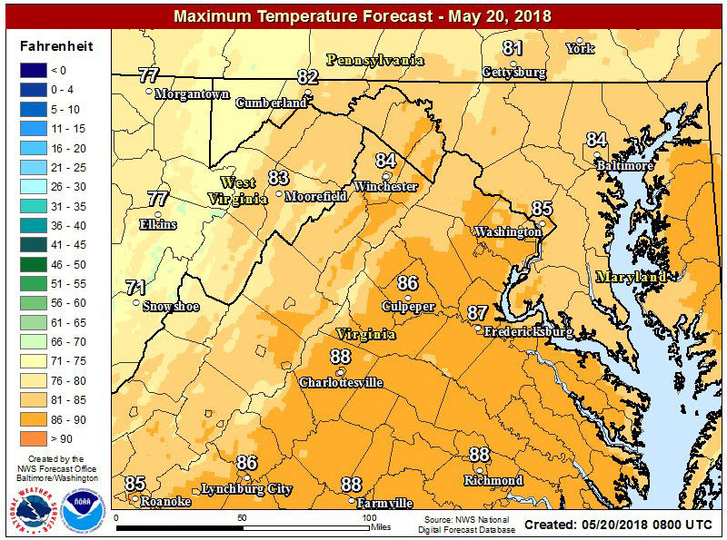 Temperatures will be noticeably warmer on Sunday. A few showers and thunderstorms are possible, but the rain will be isolated to widely scattered as most of Sunday should be dry. (Courtesy National Weather Service)