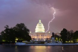 Lightning strikes near the U.S. Capitol on May 12, 2018. (WTOP/Dave Dildine)