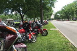 Rows of bikes were lined up Saturday afternoon in the shadow of the Lincoln Memorial, while other riders toured the sites rumbling down Constitution Avenue and around Capitol Hill. (WTOP/Dick Uliano)