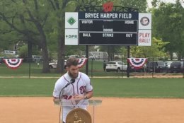 “Get good grades. Listen to your parents. Always listen to your mom, because I know if I didn’t listen to my mom, my dad was going to beat the crap out of me," Harper said before the crowd erupted in laughter. (WTOP/John Domen)