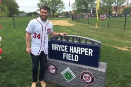 Hundreds of kids on Little League teams from around the District gathered at the Takoma Community Center in Northwest D.C. on Saturday to celebrate the newest Little League Baseball diamond in the region: Bryce Harper Field. (WTOP/John Domen)