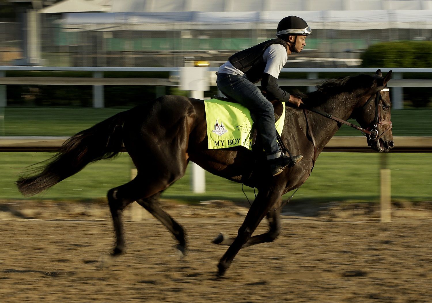 Kentucky Derby hopeful My Boy Jack runs during a morning workout at Churchill Downs Tuesday, May 1, 2018, in Louisville, Ky. The 144th running of the Kentucky Derby is scheduled for Saturday, May 5. (AP Photo/Charlie Riedel)