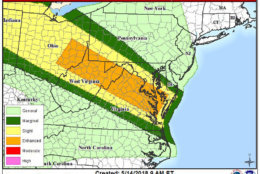 The National Weather Service upgraded much of the D.C. area to an enhanced risk for severe weather on Monday, May 14. Damaging winds will be the primary threat from the storms, which are expected to move inot the area in the afternoon. (Courtesy National Weather Service)