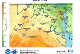 A stationary front draped across the region will keep many northeastern areas in the low to middle 60s on Sunday, Areas south and west of the front will see temperatures into the middle 80s. Thunderstorms are possible Sunday afternoon, some of which could be severe. (Courtesy National Weather Service)