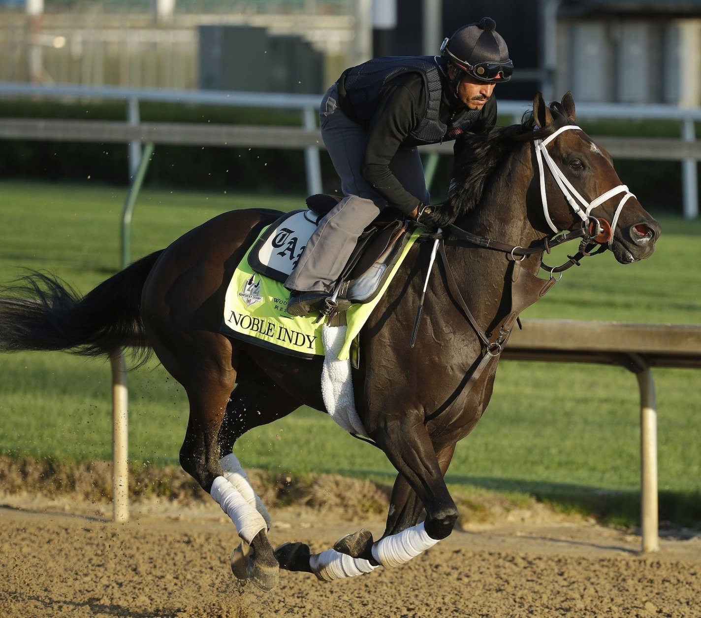 Kentucky Derby hopeful Noble Indy runs during a morning workout at Churchill Downs Tuesday, May 1, 2018, in Louisville, Ky. The 144th running of the Kentucky Derby is scheduled for Saturday, May 5. (AP Photo/Charlie Riedel)