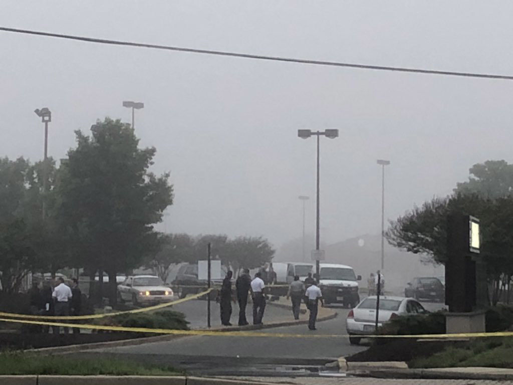 Police on the scene of an officer involved shooting in Clinton, Maryland. (WTOP/Melissa Howell)