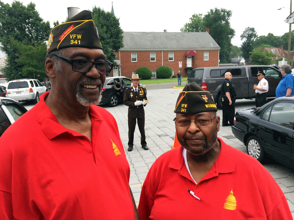 Quartermaster for VFW Post 341 of Bladensburg William McCreary and Senior Vice Commander of Anthony Rich of VFW Post 341. "Freedom is not always free," Rich said. "And, we will always remember those who have gone before us." (WTOP/Kristi King)