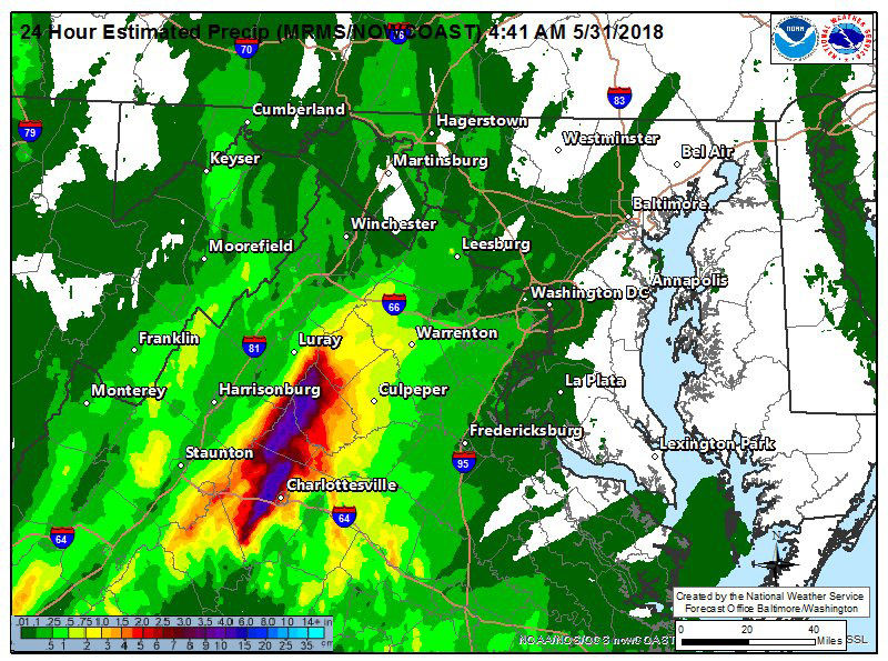 In the Shenandoah Valley in Virginia, flash flood warnings are in effect for some areas close to Charlottesville, which saw as much as 10 inches of rain on Wednesday. (Courtesy National Weather Service)
