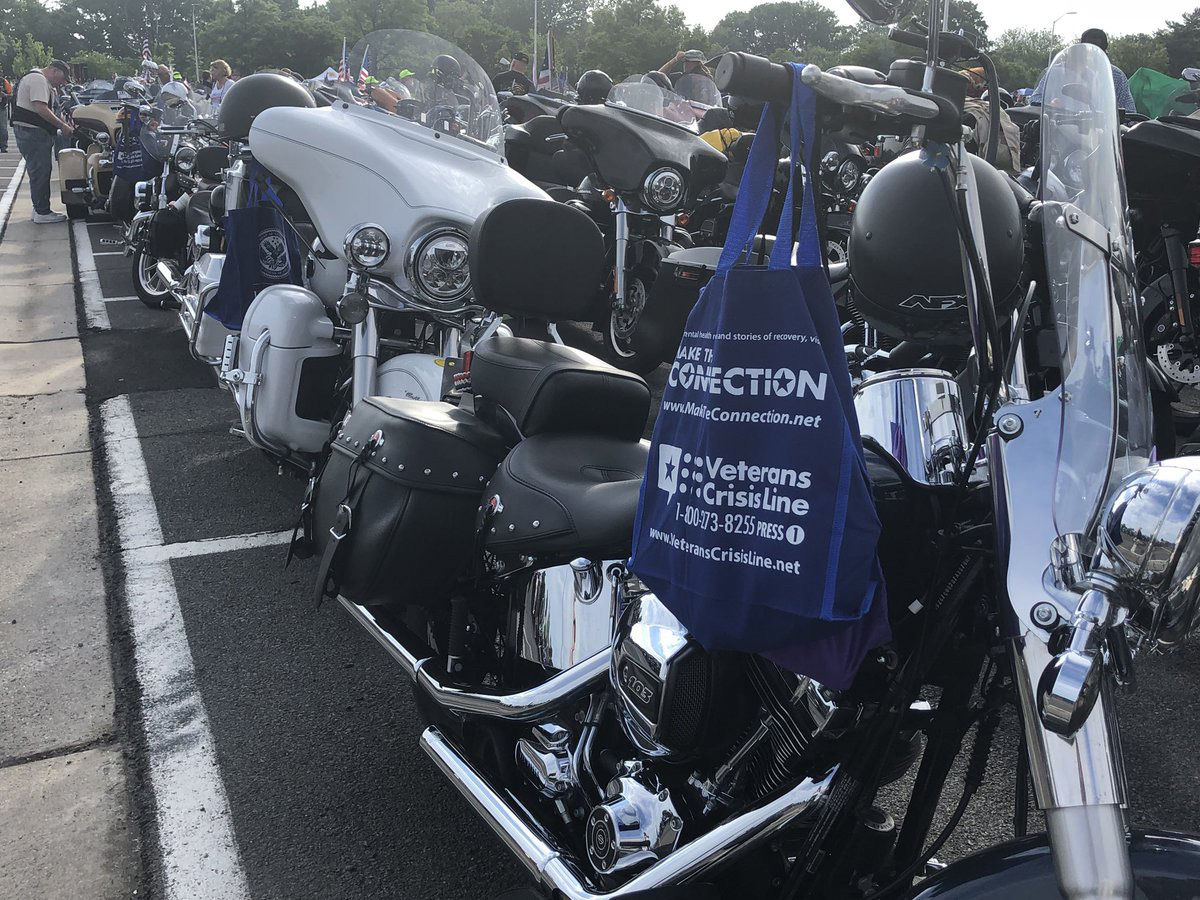 Motorcycles line up at the Pentagon ahead of the 31st annual Rolling Thunder Ride for Freedom. (WTOP/Melissa Howell)
