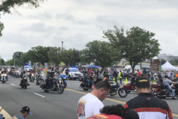 Bikers arriving at the Pentagon's parking lot ahead of Rolling Thunder. (WTOP/Melissa Howell)