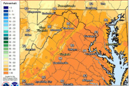 Temperatures will reach the upper 80s to mid 90s by 3 p.m. on Saturday afternoon, which could set some records in the D.C. area. (Courtesy National Weather Service)
