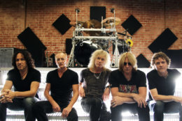 From left, Vivian Campbell, Phil Collen, Rick Savage, Joe Elliott, and Rick Allen, of musical group Def Leppard, pose for a portrait on Thursday, May 31, 2012 in Los Angeles. (Photo by Matt Sayles/Invision/AP)