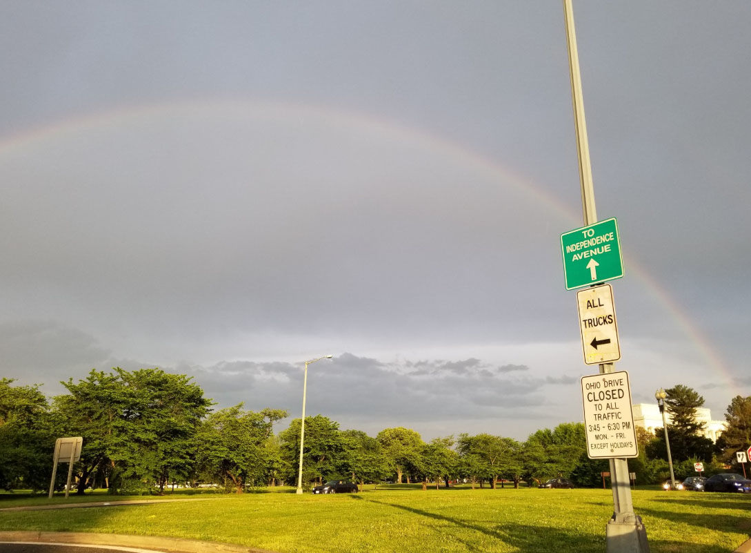 A rainbow appears over the D.C. area on May 10, 2018. (WTOP/Hillary Howard)