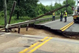 Rain collapsed an entire portion of MD 198 Monday morning. (WTOP/Melissa Howell)