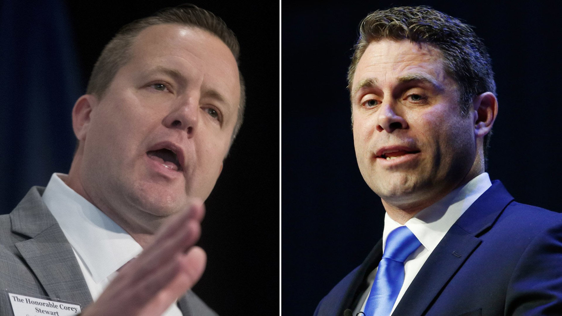 Prince William Board Chairman Corey Stewart (left) narrowly defeated Del. Nick Freitas in the Virginia GOP Senate primary. (AP)