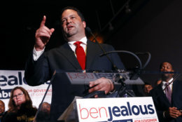 FILE — Maryland Democratic gubernatorial candidate Ben Jealous addresses supporters at an election night party, Tuesday, June 26, 2018, in Baltimore. (AP Photo/Patrick Semansky)