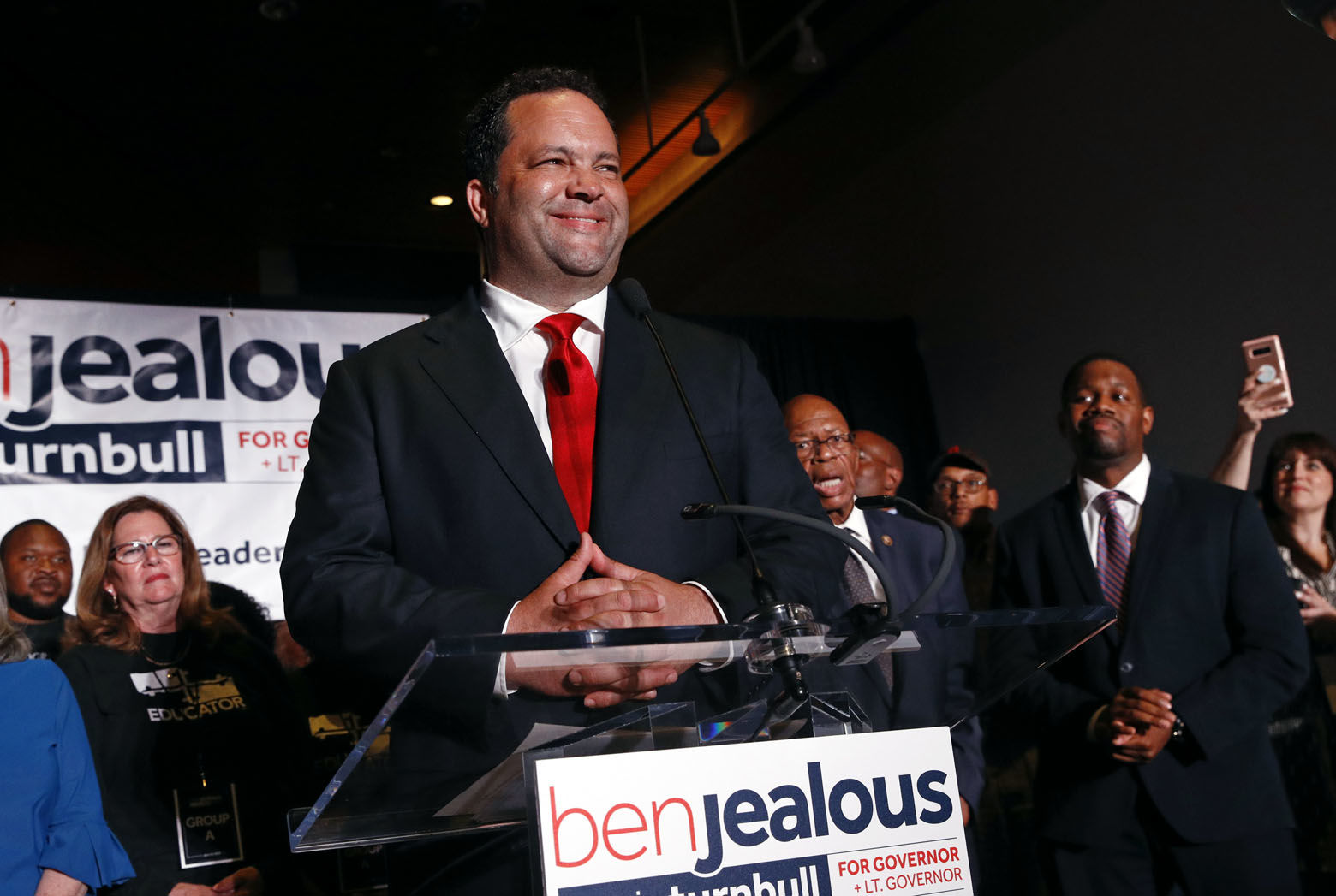 Maryland Democratic gubernatorial candidate Ben Jealous addresses supporters at an election night party, Tuesday, June 26, 2018, in Baltimore. Jealous won the Democratic nomination for governor in Maryland, setting up a battle against popular incumbent Republican Gov. Larry Hogan in the fall. (AP Photo/Patrick Semansky)