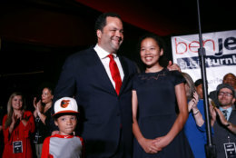 Maryland Democratic gubernatorial candidate Ben Jealous, center, walks onstage with his son Jack, left, and daughter Morgan before addressing supporters at an election night party, Tuesday, June 26, 2018, in Baltimore. Jealous won the Democratic nomination for governor in Maryland, setting up a battle against popular incumbent Republican Gov. Larry Hogan in the fall. (AP Photo/Patrick Semansky)