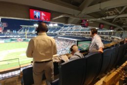WTOP's George Wallace, Dave McConnell and Noah Frank call the Congressional Baseball Game on Thursday, June 14, 2018. (WFED/Lauren Larson)