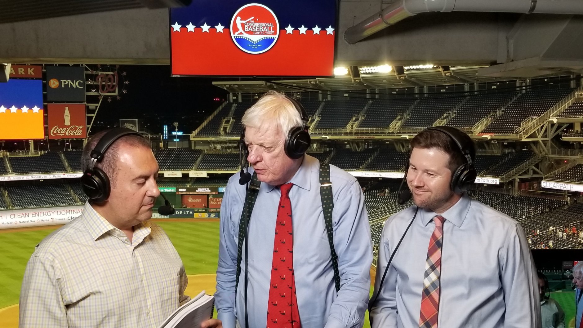 WTOP's George Wallace, Dave McConnell and Noah Frank call the Congressional Baseball Game on Thursday, June 14, 2018. (WTOP/Albert Shimabukuro)