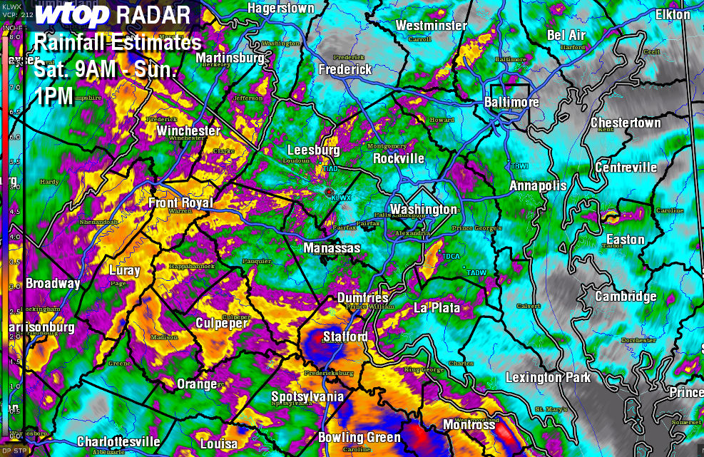 WTOP radar forecasts 1.5 to 2 inches of rain for most communities on the west side of the Washington, D.C. area.