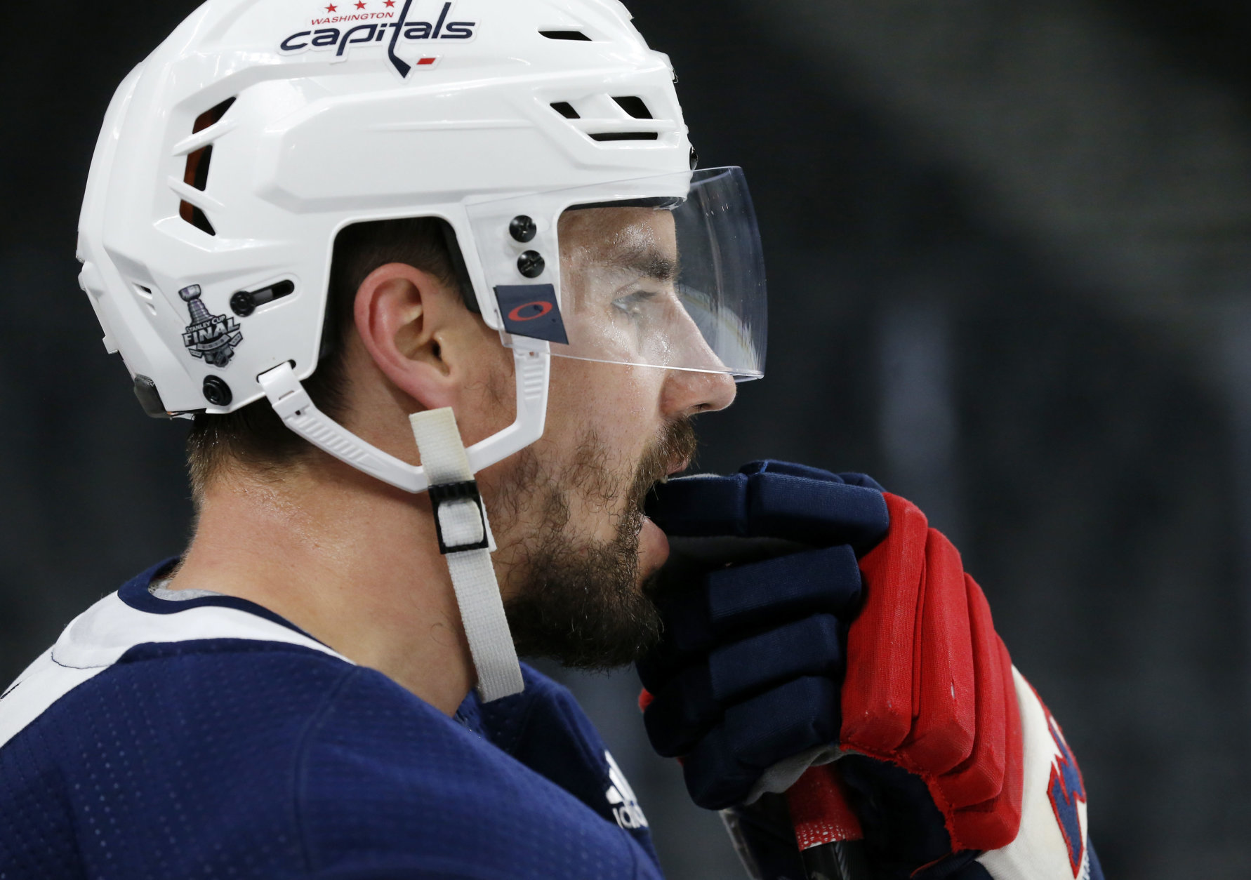 Washington Capitals defenseman Matt Niskanen stands on the ice during practice Tuesday, May 29, 2018, in Las Vegas. Game 2 of the Stanley Cup NHL hockey finals between the Capitals and the Vegas Golden Knights is scheduled for Wednesday. (AP Photo/Ross D. Franklin)